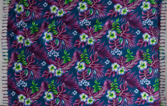 Hibiscus Plumeria & Tropical Leaves Sarong with Fringes