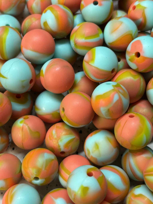 15mm Solid Marble Orange & Teal Silicone Bead A5