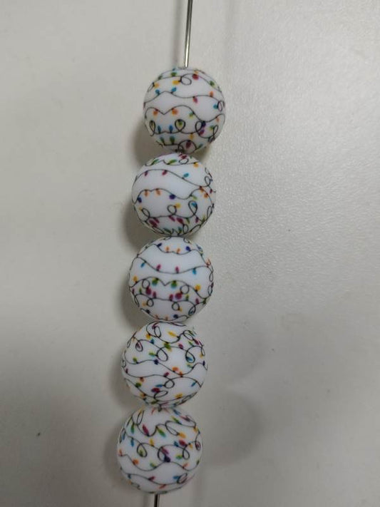 Round Bead- PACK of 15 - c15mm Printed Christmas Mini Bulb Silicone Bead 2