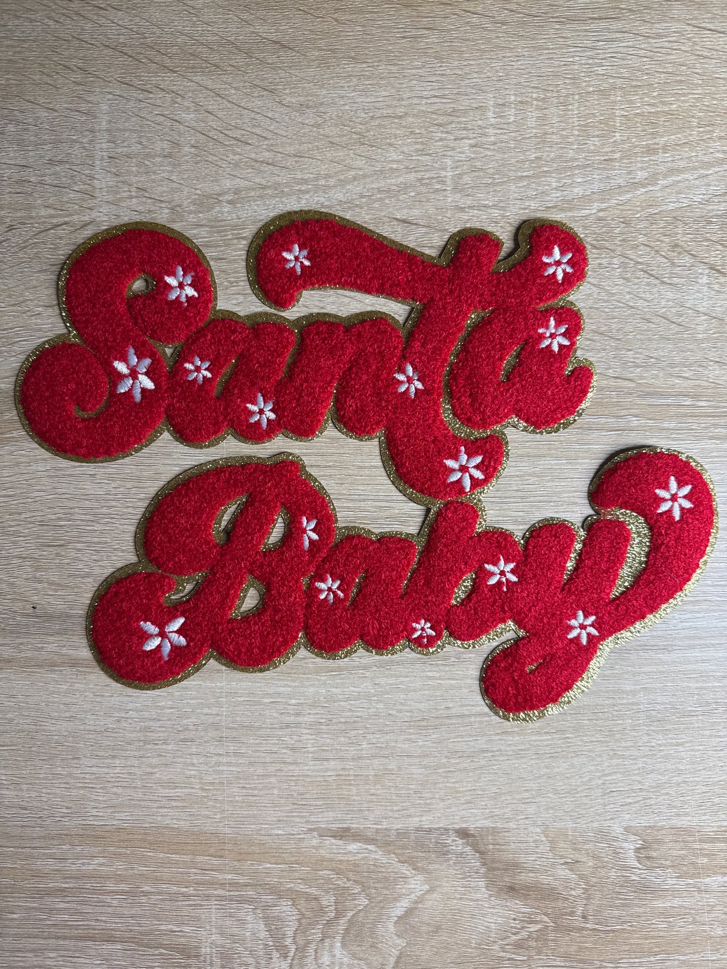 Santa Baby Chenille Christmas Red/Gold with Snowflakes Embroidery Iron On Patch For Clothes Applique DIY Iron On Clothes 1 piece