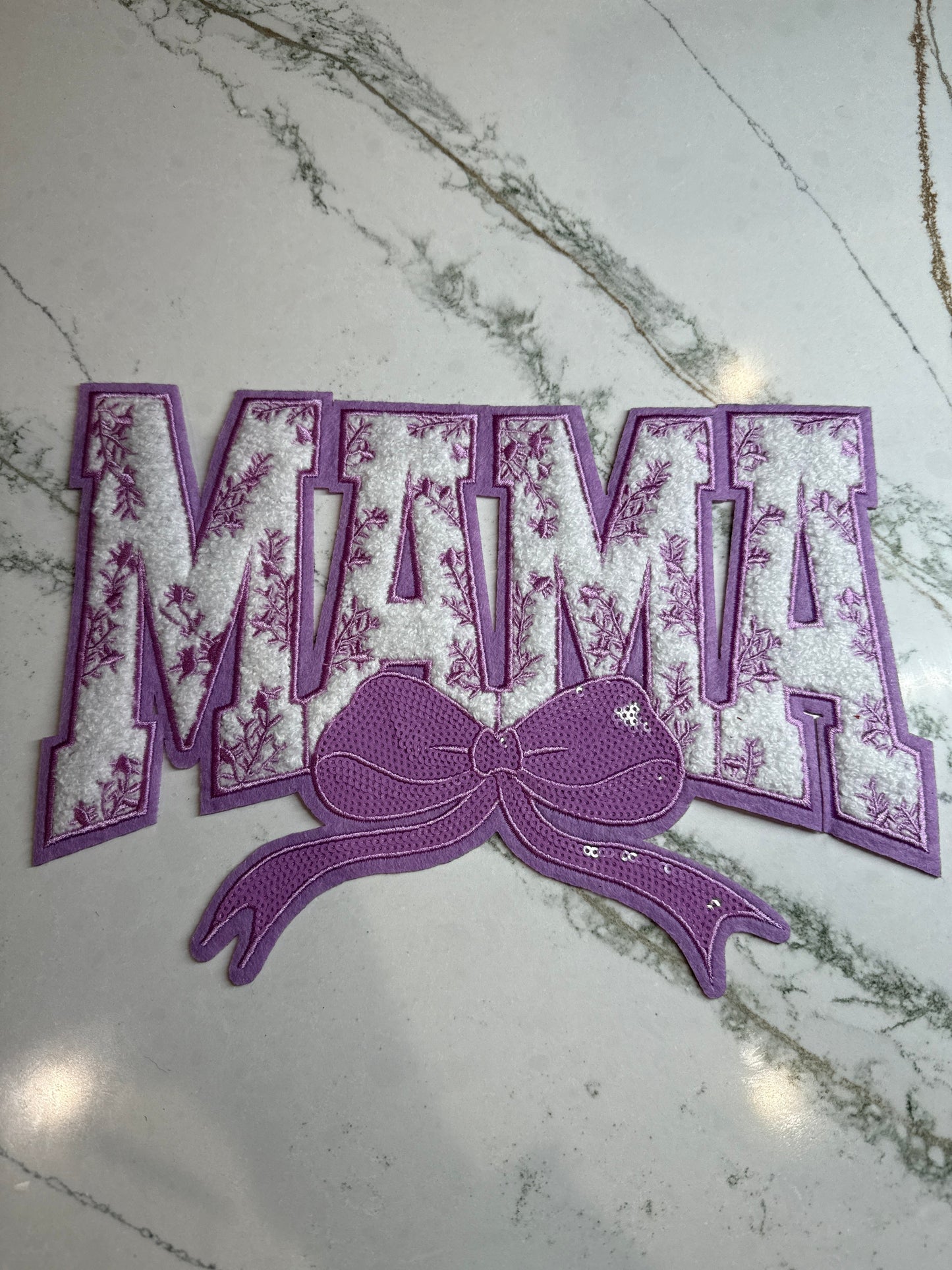 Mama w/ Purple Sequin Bow Chenille Patch Large