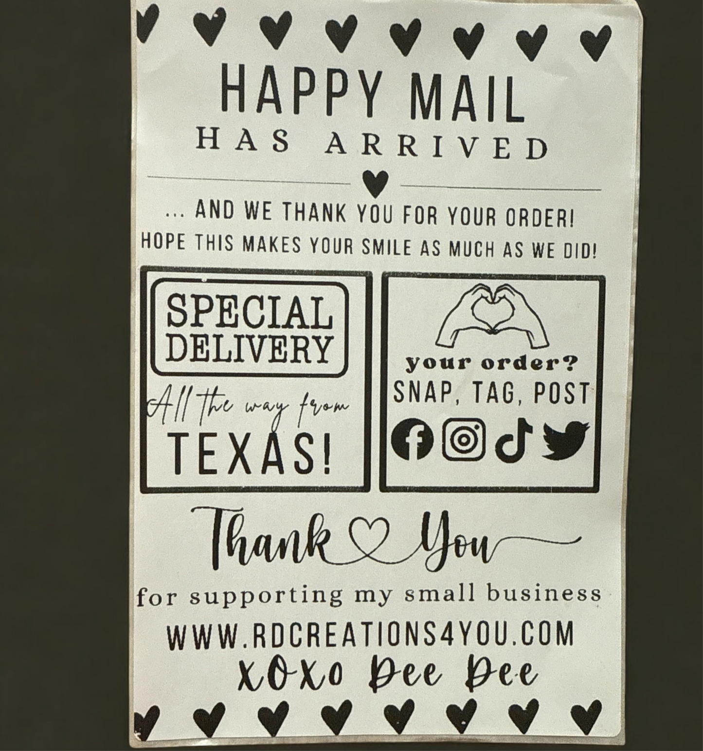 Happy Mail Thermal Labels 100 Custom 4x6 - Add your state, website/fb/insta link and your name.
