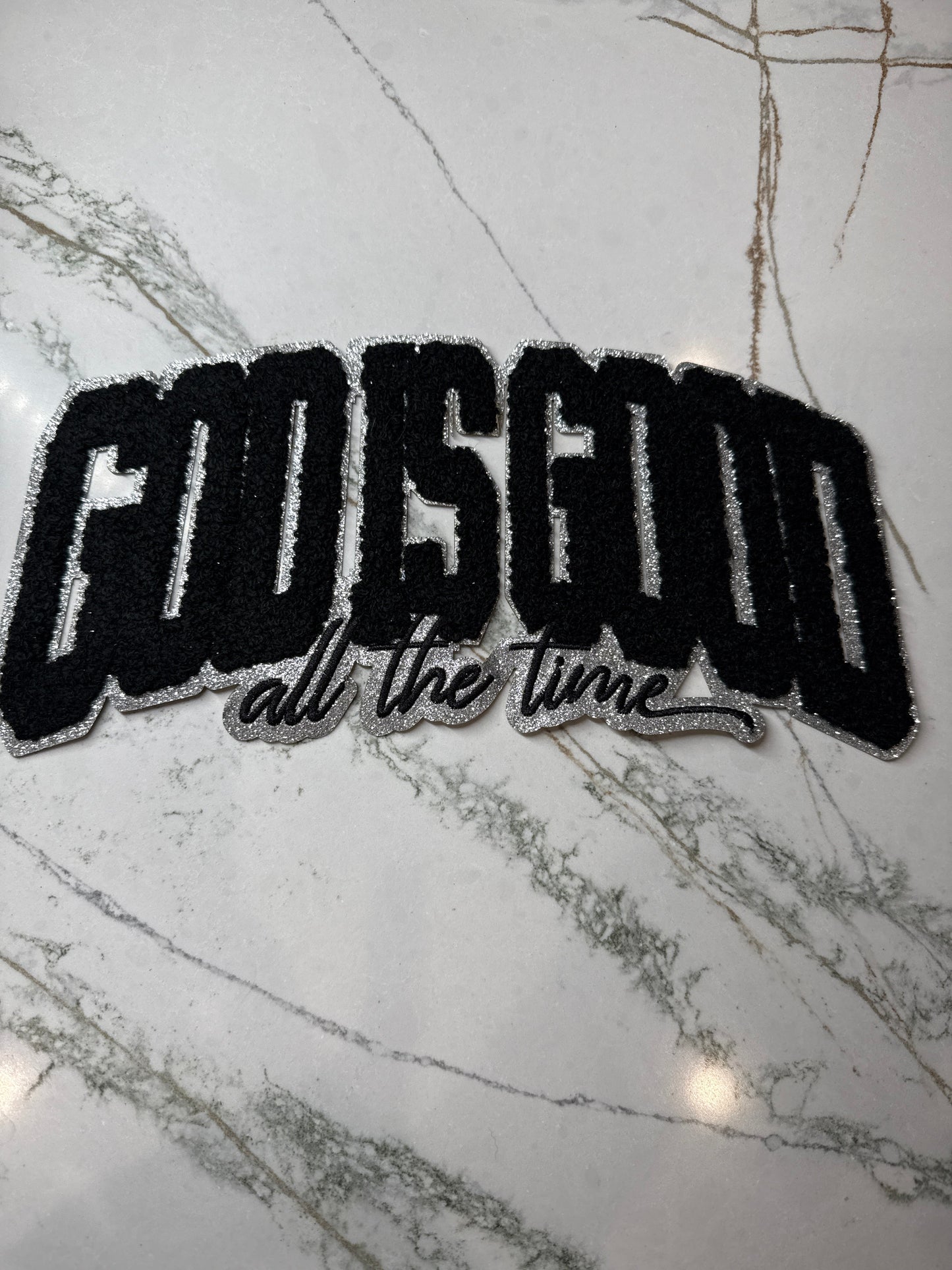 God Is Good All The Time Black Chenille Iron On Patch Large