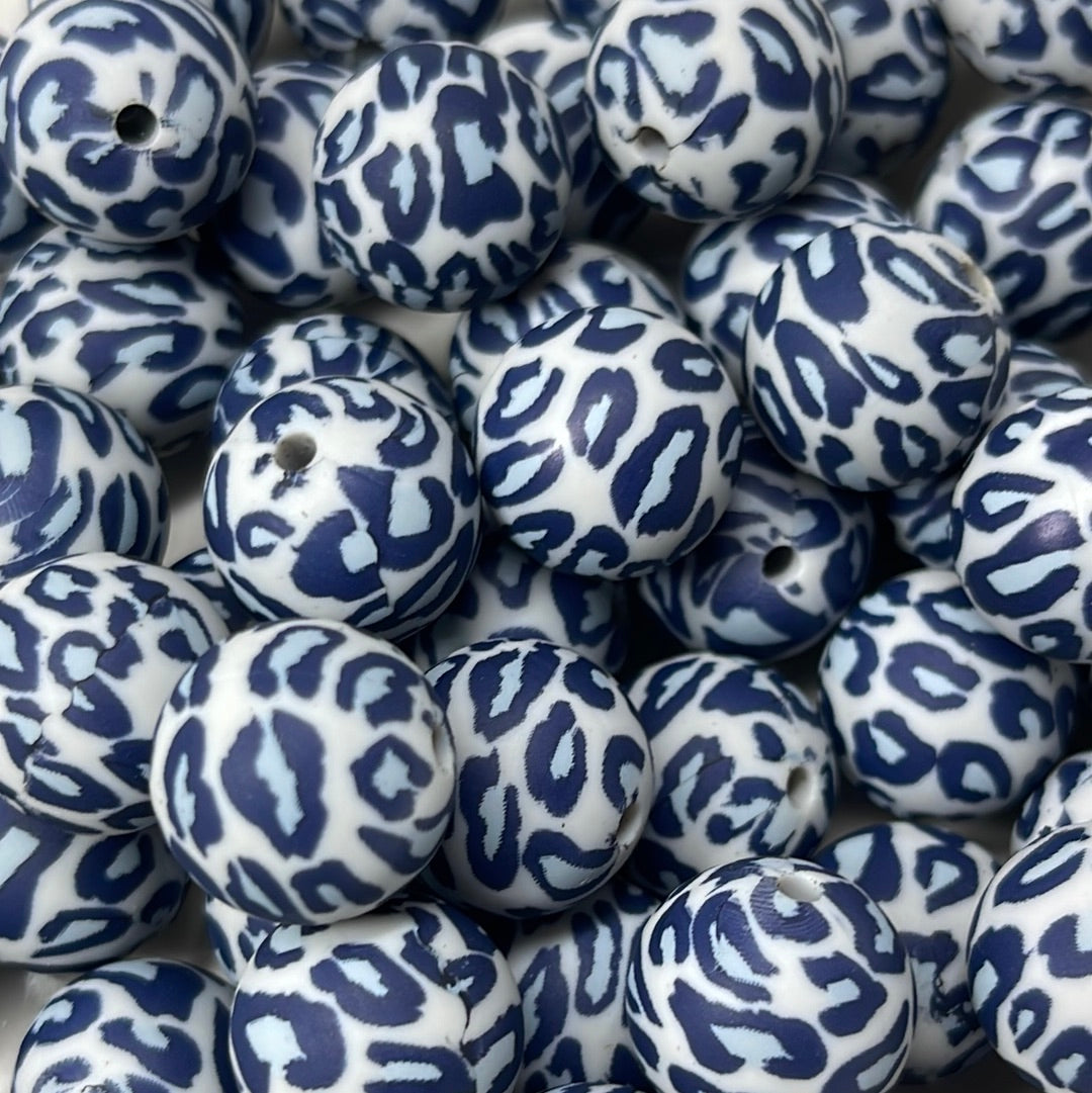 Silicone Bead Blue Leopard P44 - 15mm - 10 pack