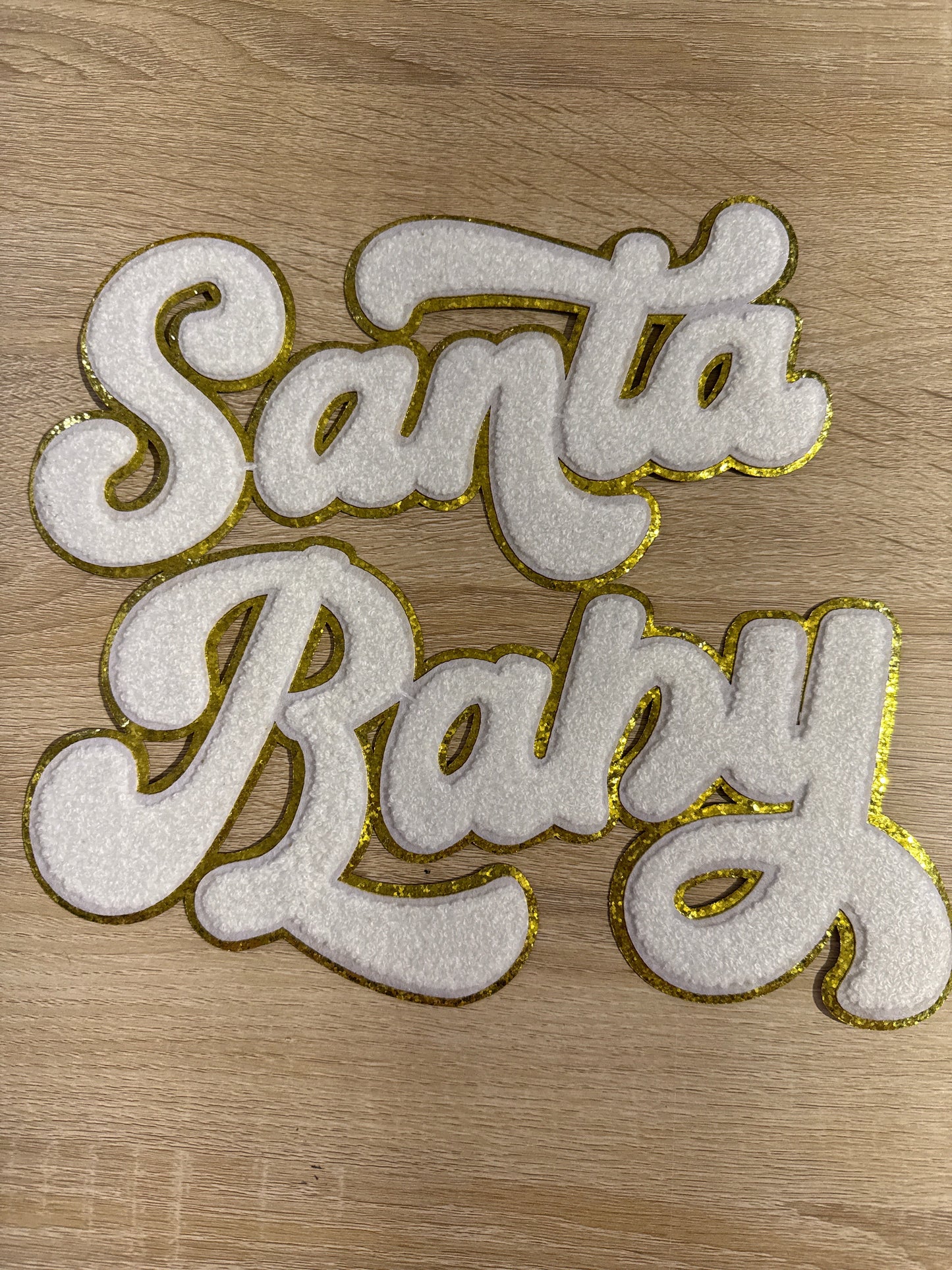 Santa Baby Chenille Christmas White/Gold Embroidery Iron On Patch For Clothes Applique DIY Iron On Clothes 1 piece