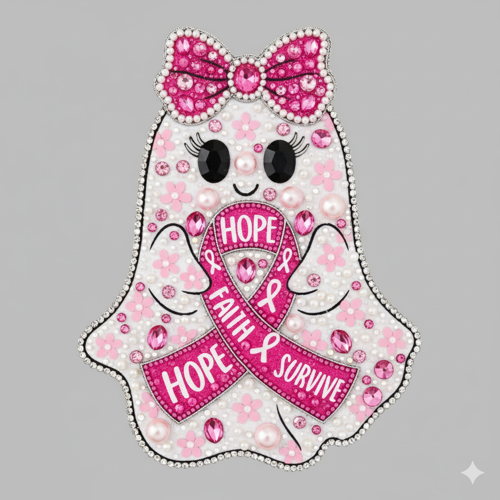 Embellished Beads, Pearls Pink Cancer Awareness Ghost PNG Digital Download Free