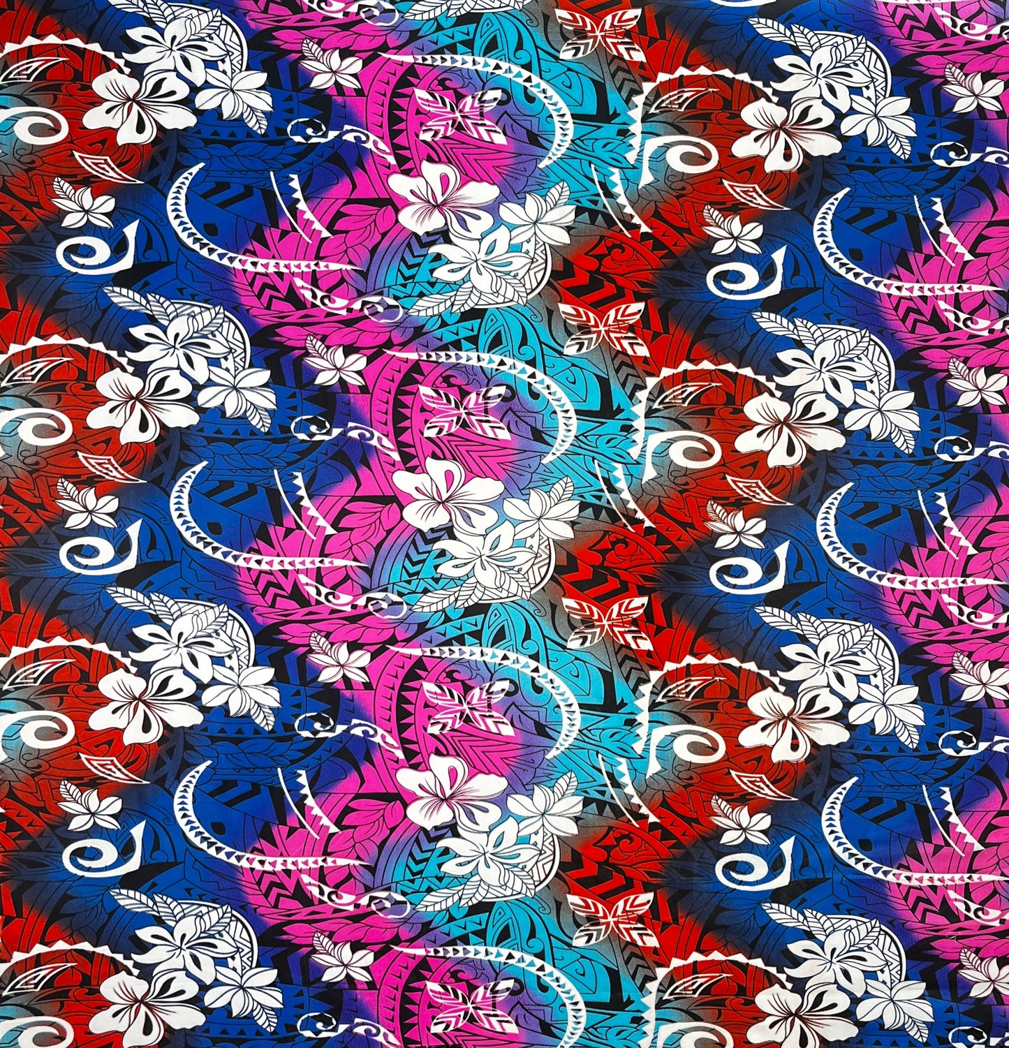 Multicolored Traditional Tattoo & Plumeria Design Polyester Fabric | Islands Fabric