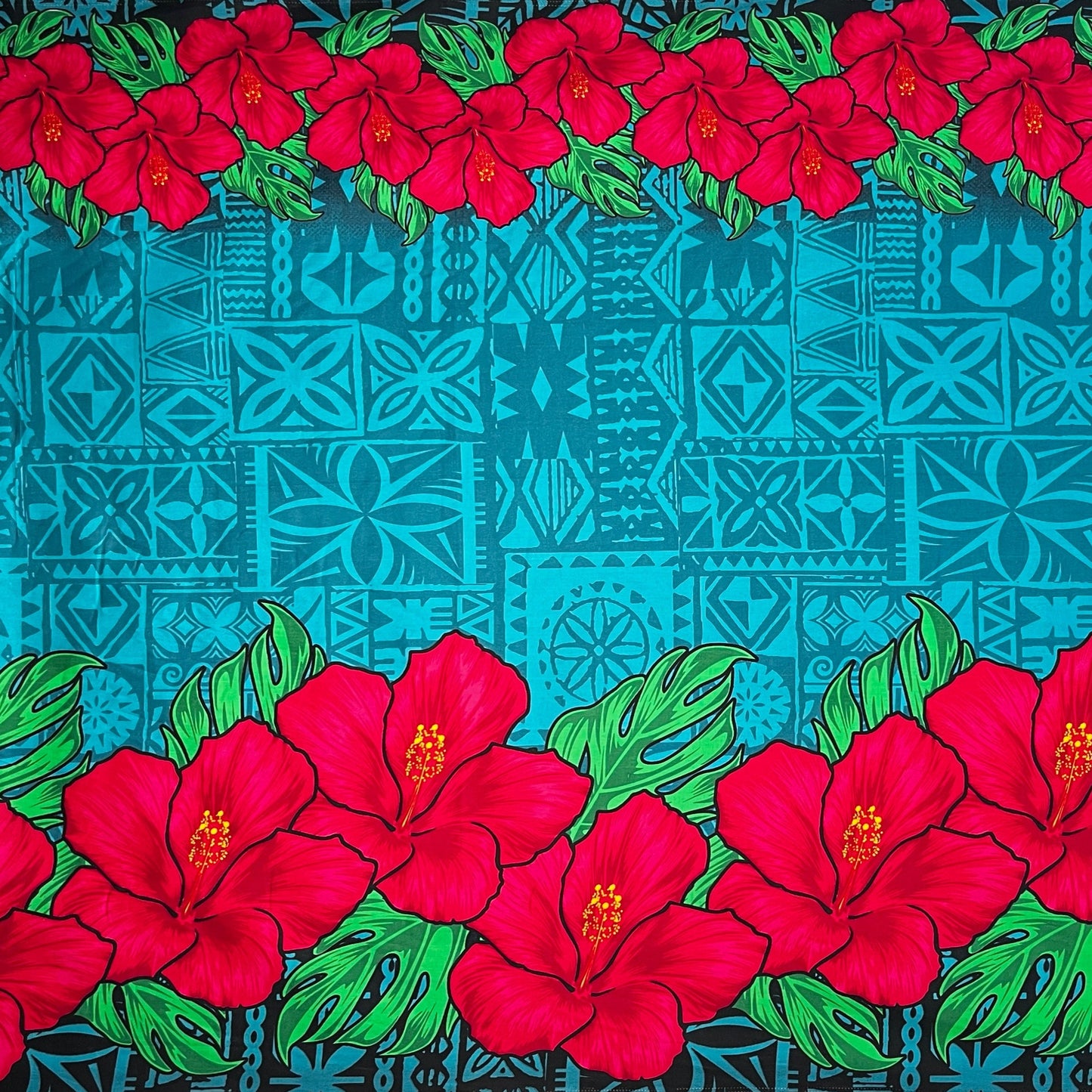 Tapa Hibiscus Flowers Double Border Cotton Poplin Fabric | Islands Fabric