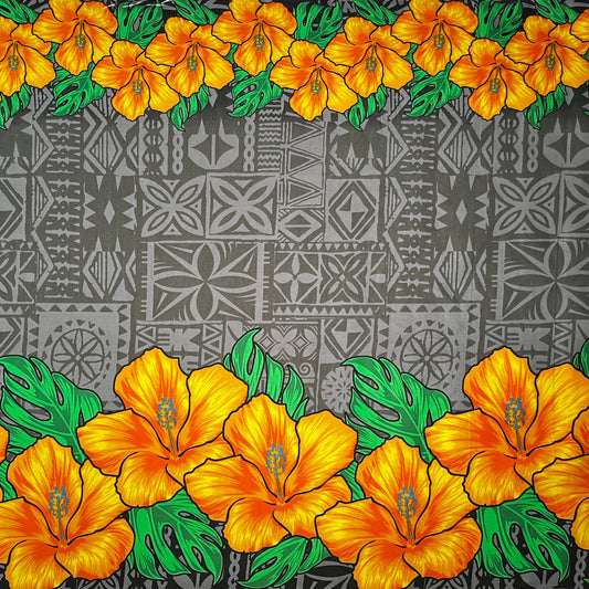 Tapa Hibiscus Flowers Double Border Cotton Poplin Fabric | Islands Fabric
