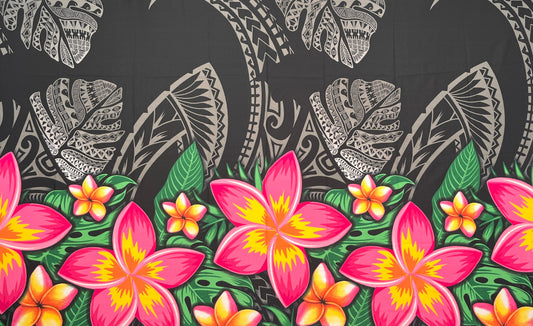 Tribal Tattoo Monstera leaves w/ Plumerias Sarong | Islands Fabric