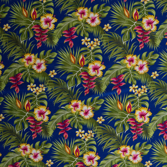 Hibiscus Plumeria Split Banana Palm Leaves Fabric | Rayon Poplin