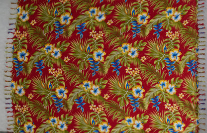 Hibiscus Plumeria & Tropical Leaves Sarong with Fringes
