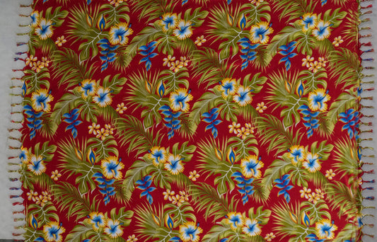Hibiscus Plumeria & Tropical Leaves Sarong with Fringes