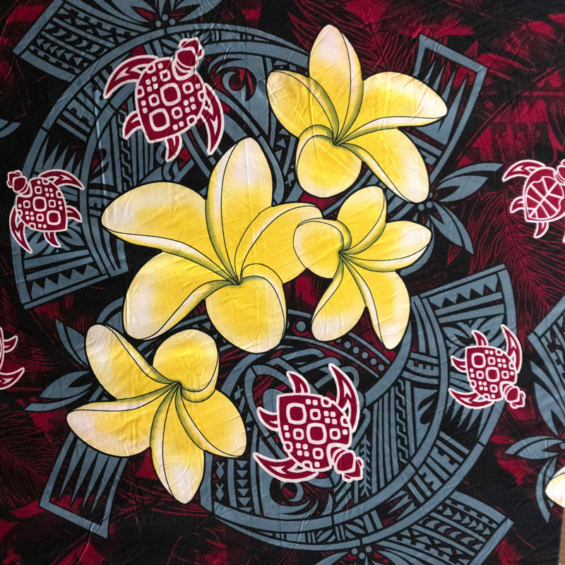 Plumeria Turtles Traditional Tribal design Peachskin Fabric | Islands Fabric