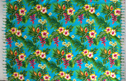Hibiscus Plumeria & Tropical Leaves Sarong with Fringes