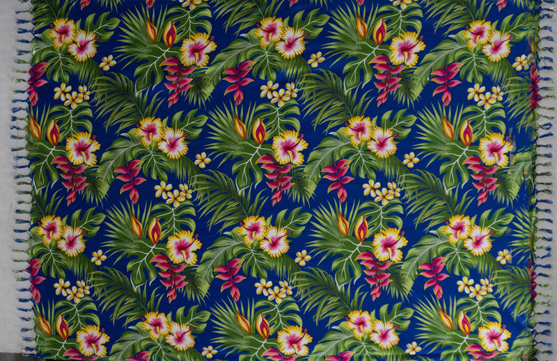 Hibiscus Plumeria & Tropical Leaves Sarong with Fringes