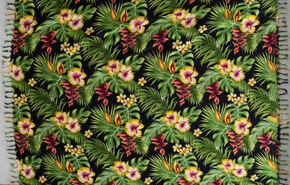 Hibiscus Plumeria & Tropical Leaves Sarong with Fringes