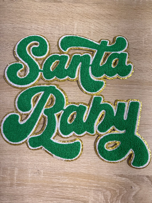 Santa Baby Chenille Christmas Green/Gold Embroidery Iron On Patch For Clothes Applique DIY Iron On Clothes  1 piece
