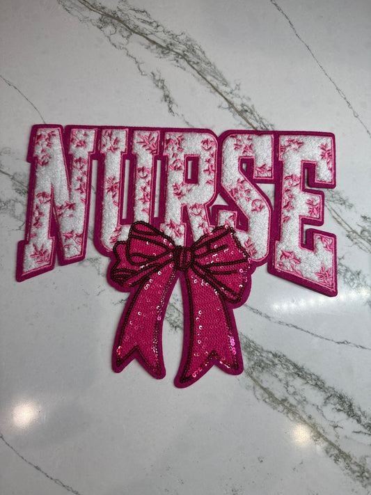 Nurse w/Pink Sequin Bow Chenille Patch Large