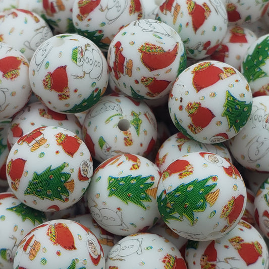 15mm Printed Christmas Tree Silicone Bead - 10 Count