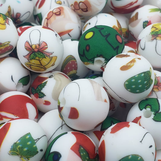 15mm Printed Christmas Silicone Bead - 10 Count