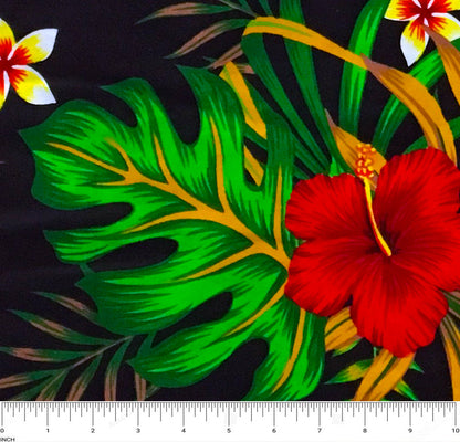 Hibiscus Monstera & Plumeria Flower Clusters Cotton Fabric | Islands Fabric