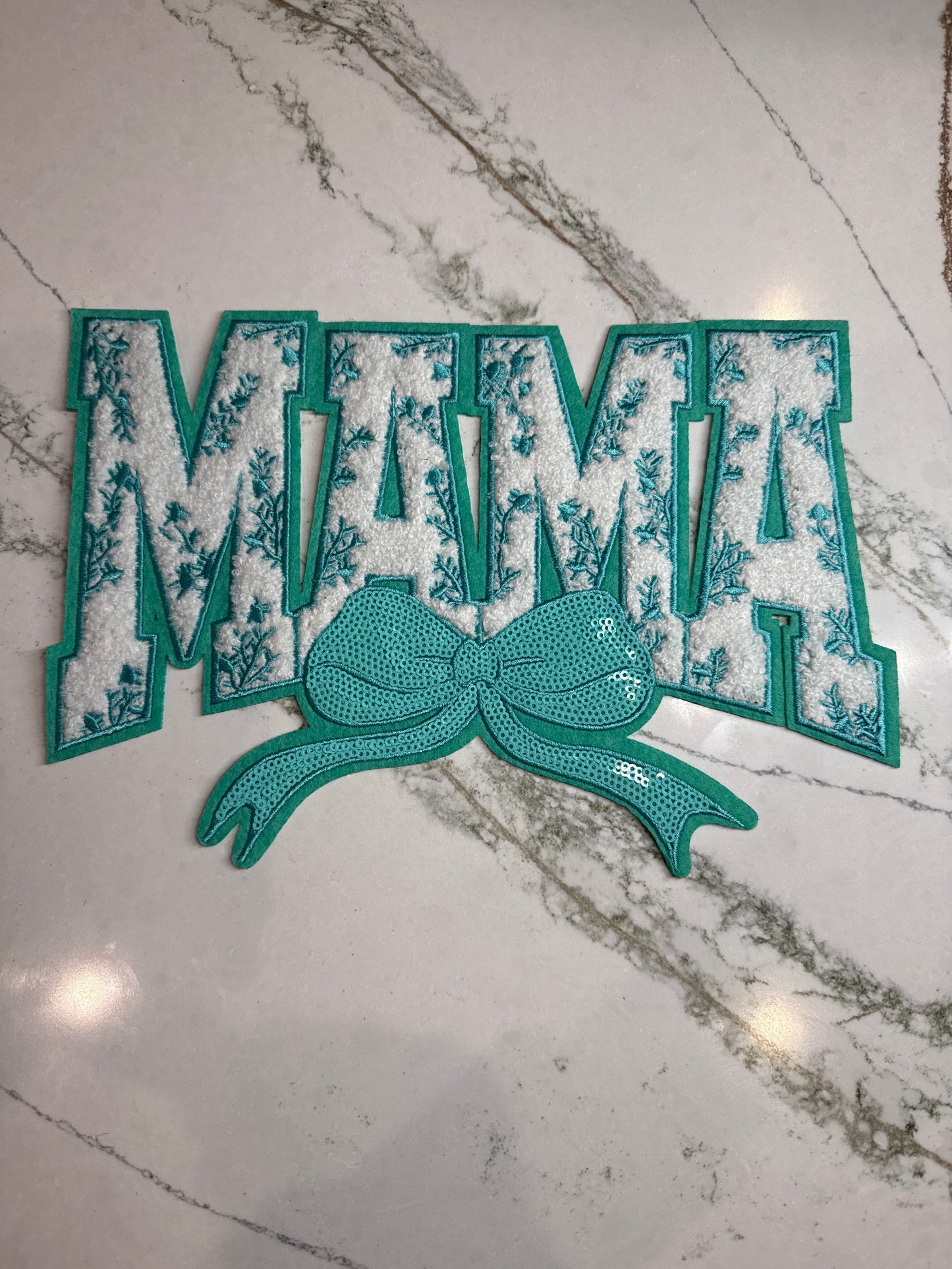Mama w/Teal Sequin Bow Chenille Patch Large