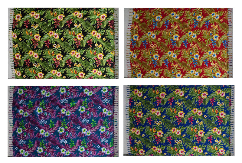 Hibiscus Plumeria & Tropical Leaves Sarong with Fringes