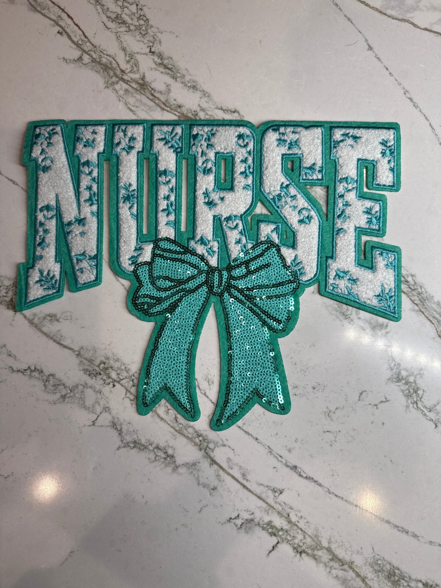 Nurse w/Teal Sequin Bow Chenille Patch Large