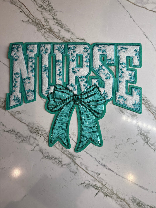 Nurse w/Teal Sequin Bow Chenille Patch Large