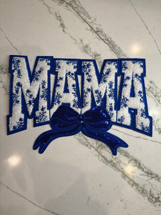 Mama w/Blue Sequin Bow Chenille Patch Large