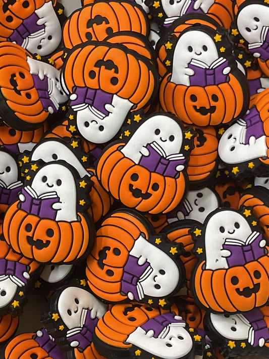 Ghost Reading Book in Pumpkin Focal