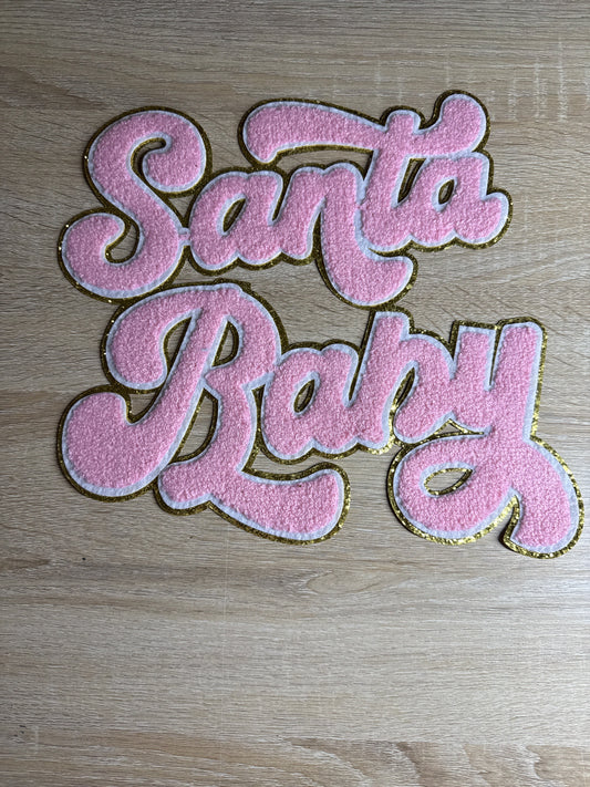 Santa Baby Chenille Christmas Pink/Gold Embroidery Iron On Patch For Clothes Applique DIY Iron On Clothes  1 piece