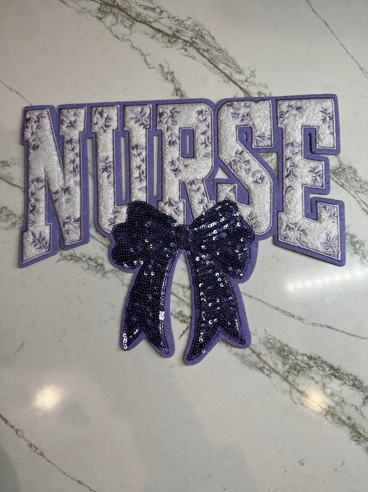 Nurse w/Purple Sequin Bow Chenille Patch Large