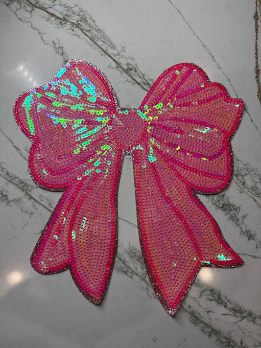 Coquette Bow Pink Sequin Iron On Patch Large