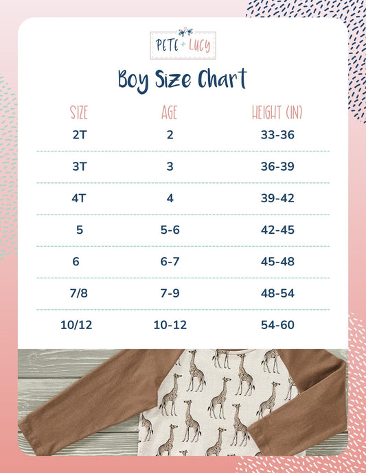 Pete and Lucy Boy Size Chart