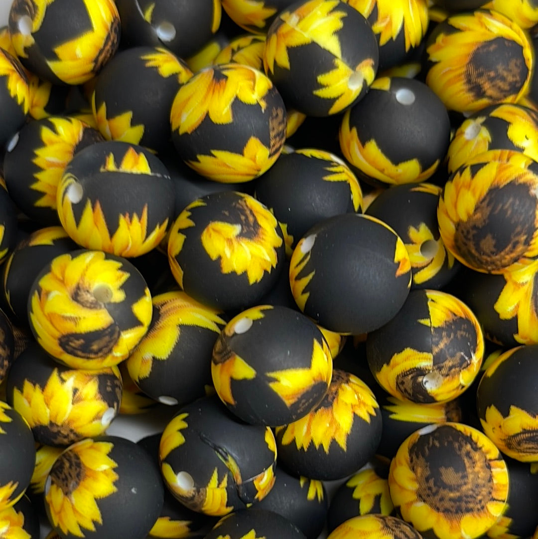 Silicone Bead Black Sunflower P45 P01-18 - 15mm - 10 pack