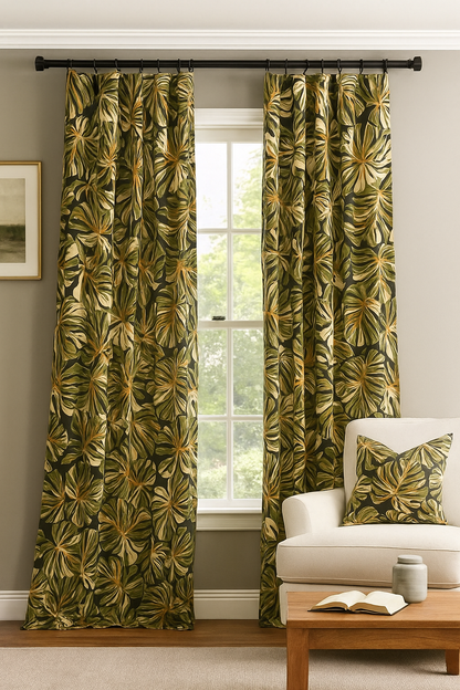 All-over Multicolor Monstera Leaves Fabric  | Light Barkcloth