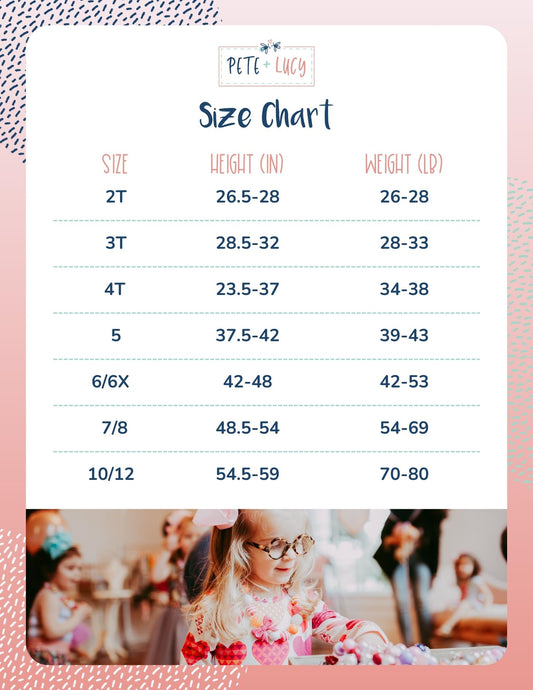 Pete and Lucy Unisex Size Chart