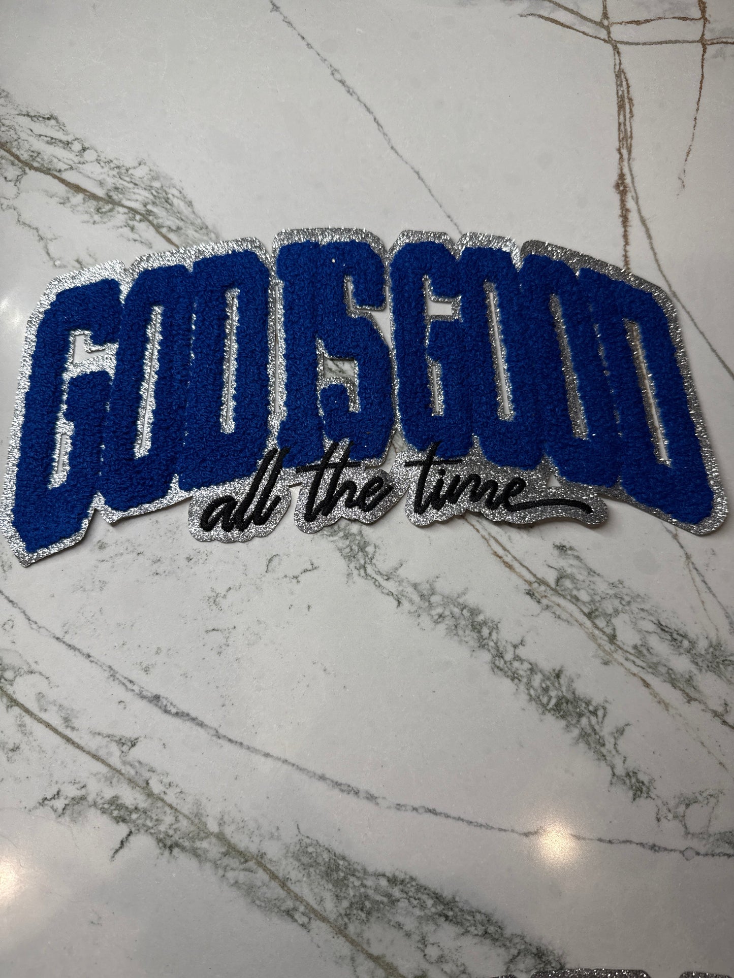 God Is Good All The Time Blue Chenille Iron On Patch Large