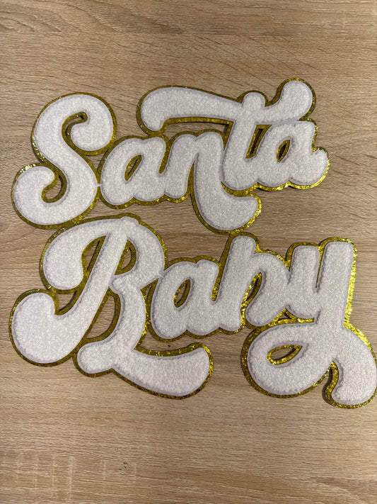 Santa Baby Chenille Christmas White/Gold Embroidery Iron On Patch For Clothes Applique DIY Iron On Clothes  1 piece