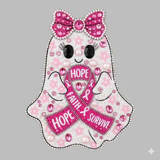 Embellished Beads, Pearls Pink Cancer Awareness Ghost PNG Digital Download Free