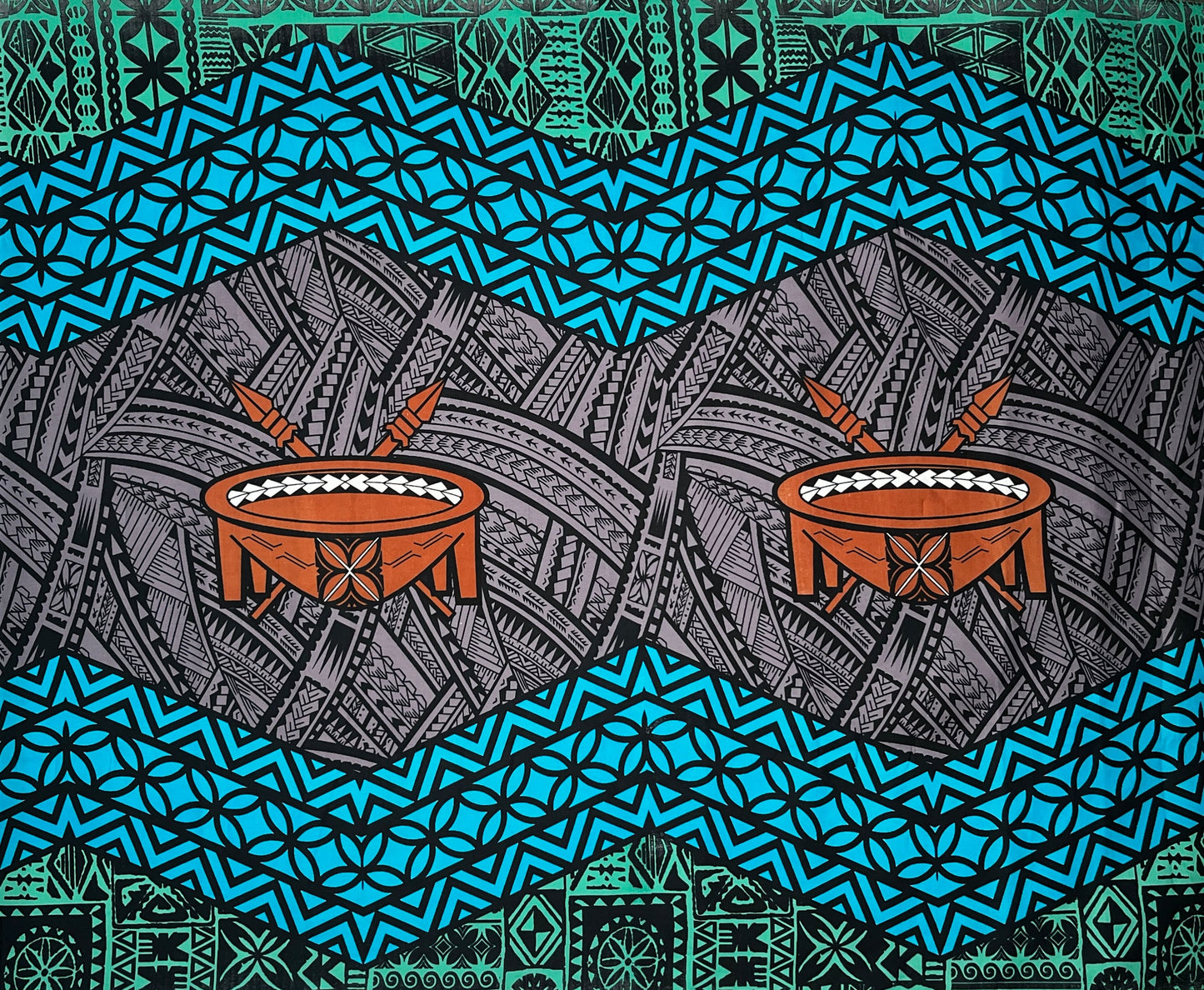 Traditional Tonga Tattoo Kava Bowl Center Fabric | Cotton