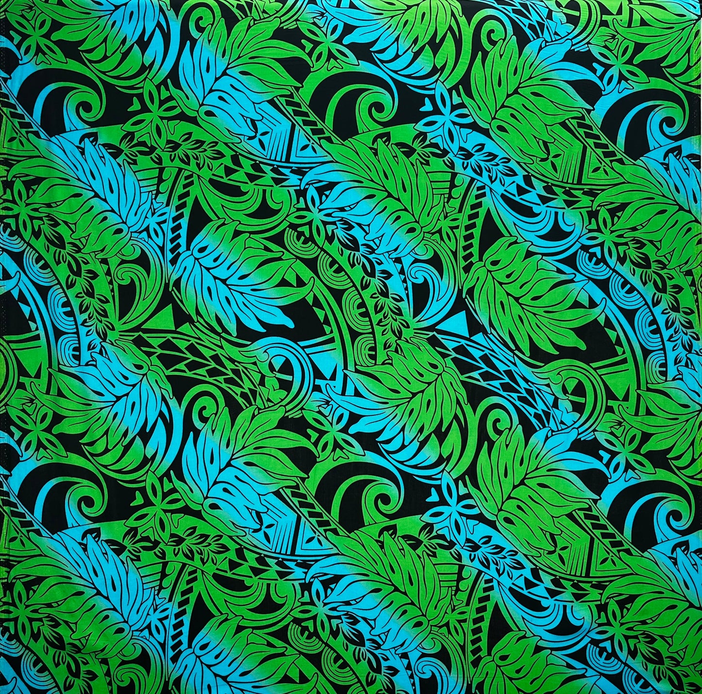 Diagonal Traditional Tattoo Gradient design with Tropical Leaves Rayon Poplin Fabric | Islands Fabric