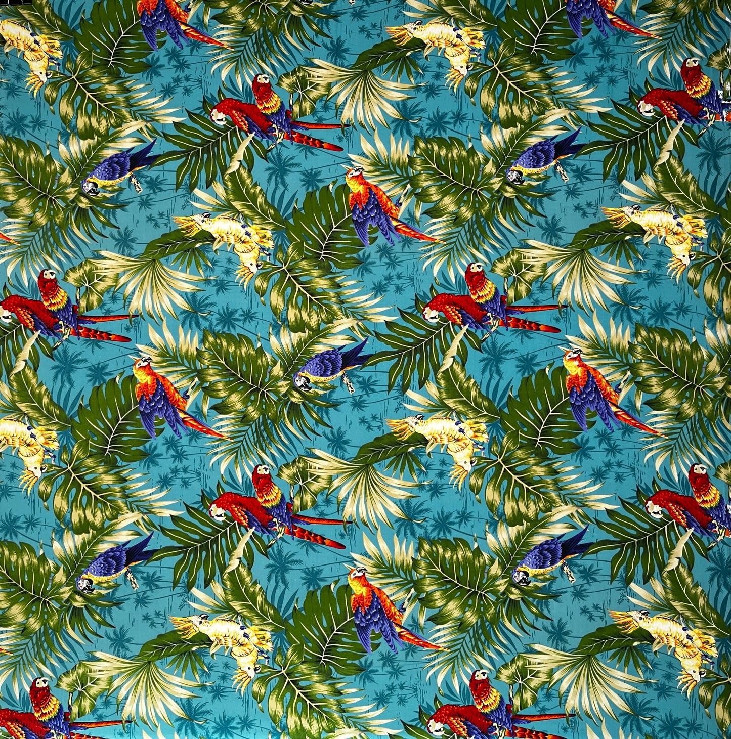 Parrots Split Monstera Palm Leaves Peackskin Fabric | Islands Fabric