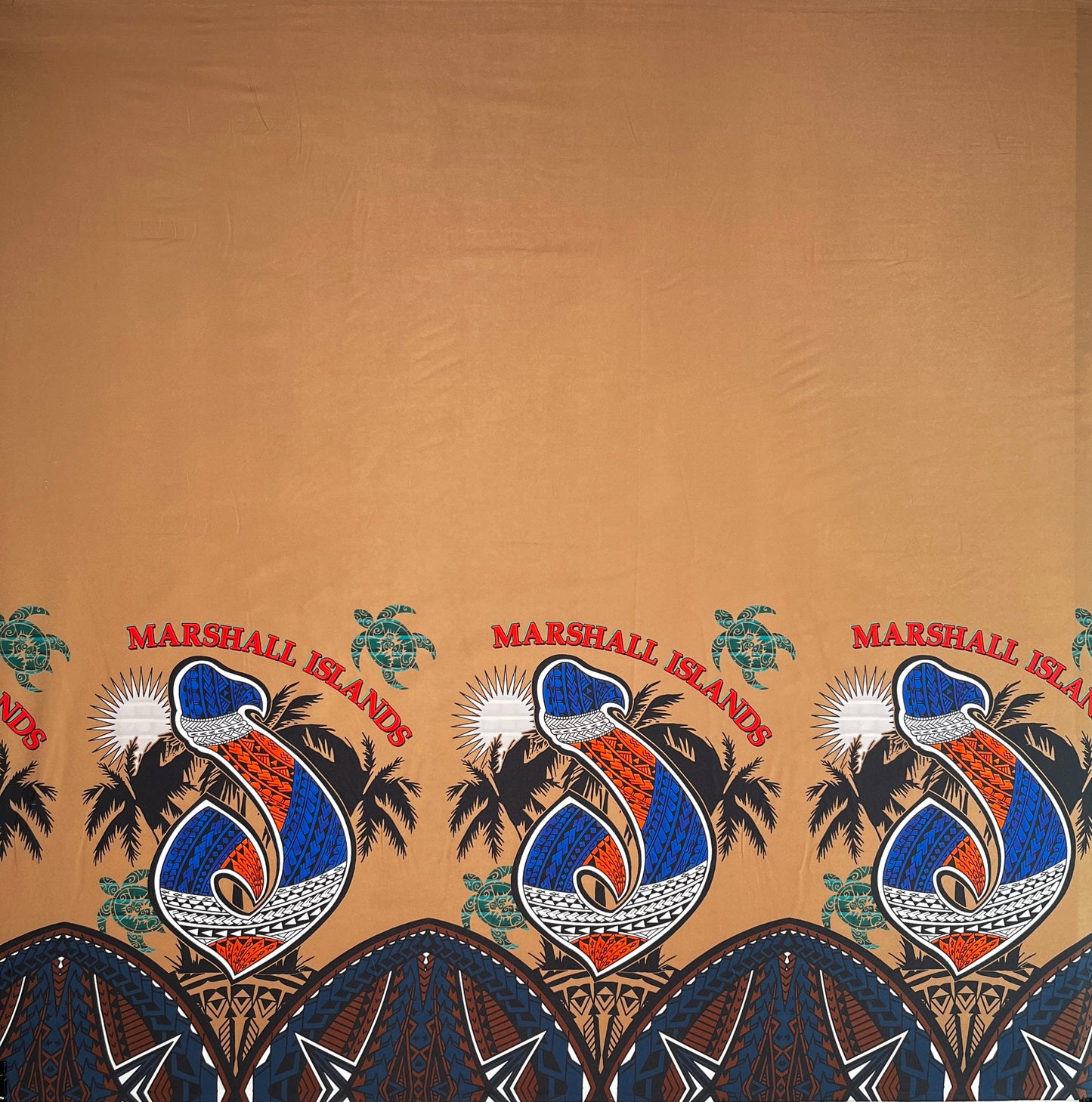 Marshall Islands Hook Palm Trees Sea Turtles Single Border Peachskin Fabric | Islands Fabric