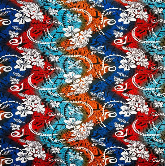 Multicolored Traditional Tattoo & Plumeria Design Polyester Fabric | Islands Fabric