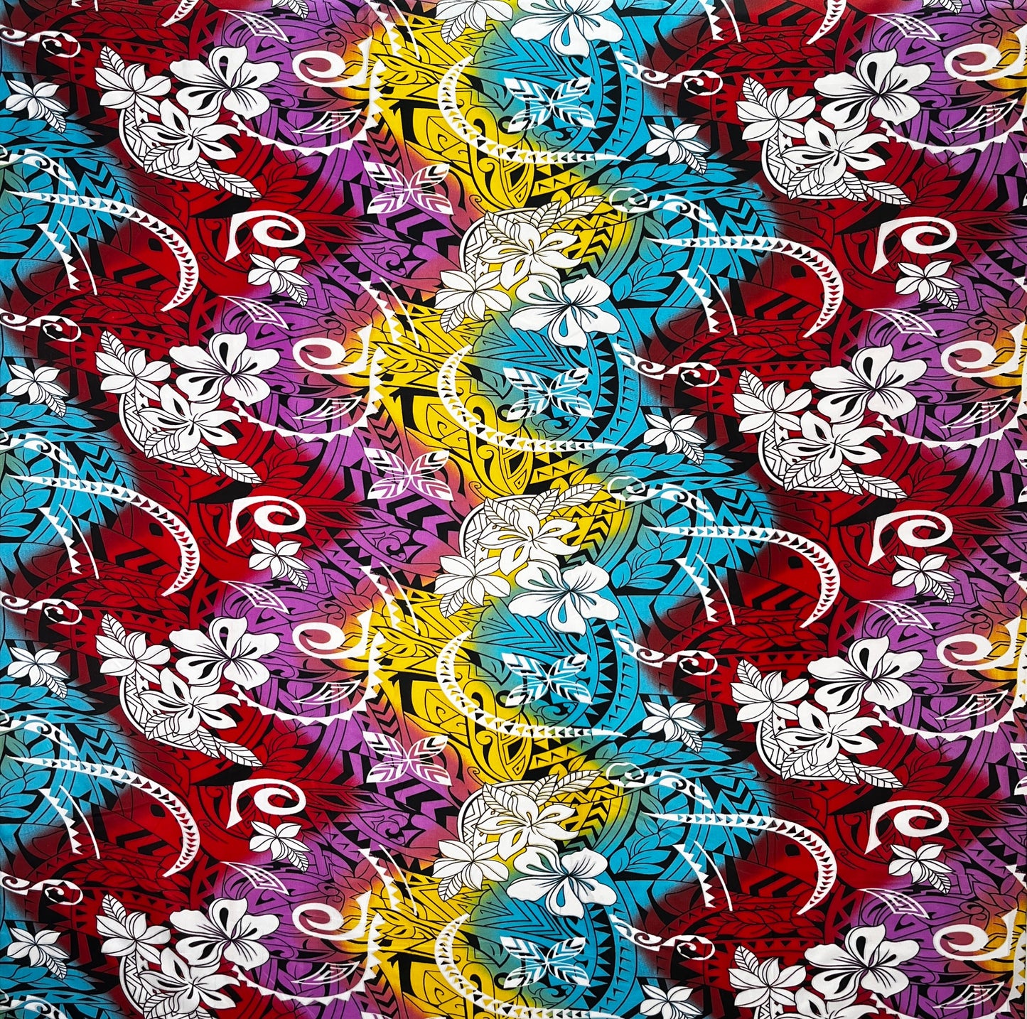 Multicolored Traditional Tattoo & Plumeria Design Polyester Fabric | Islands Fabric