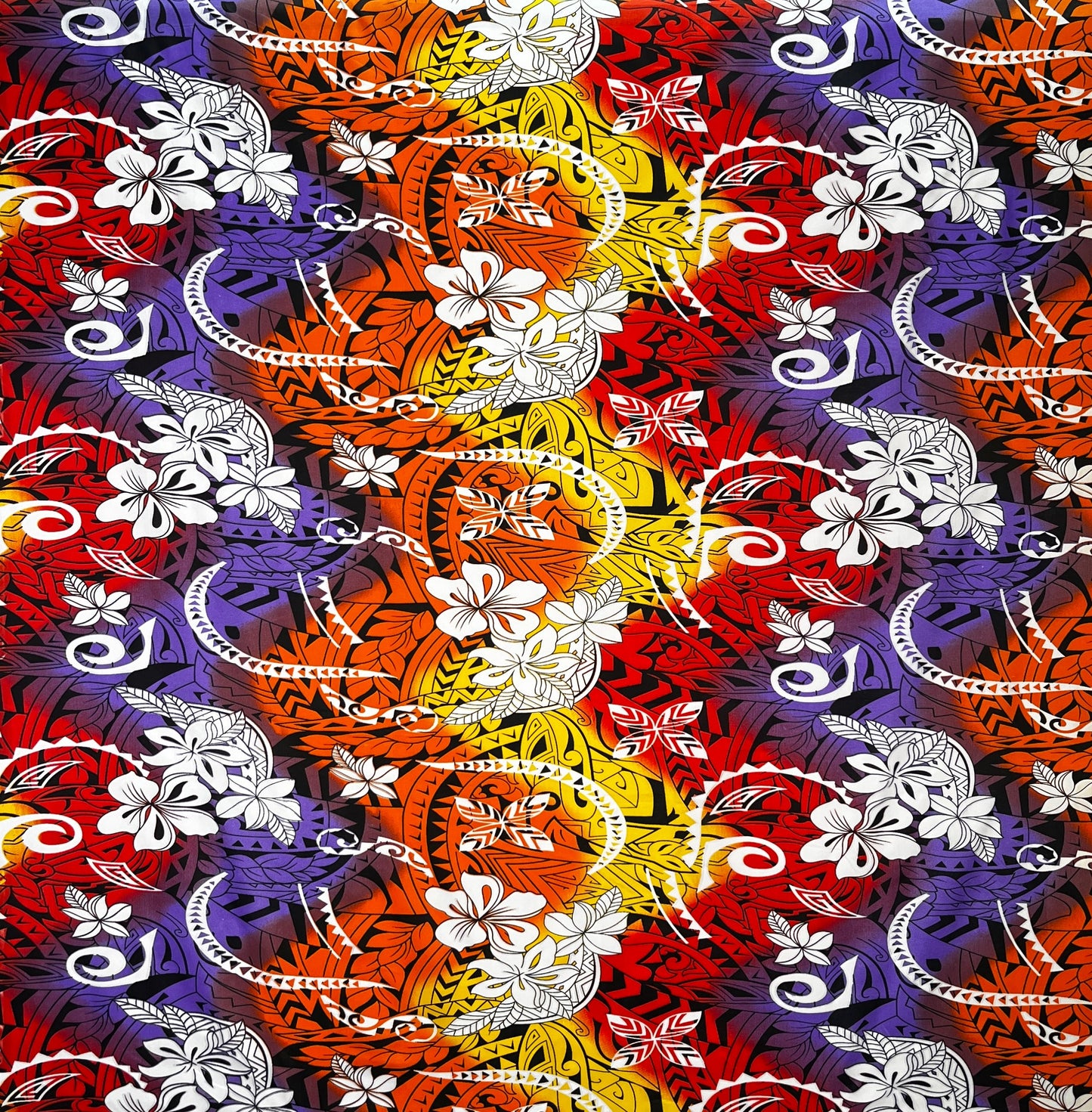 Multicolored Traditional Tattoo & Plumeria Design Polyester Fabric | Islands Fabric