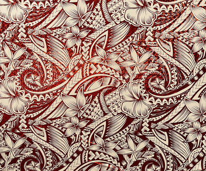 Hibiscus Plumeria Polynesian Tattoo Polyester Foil Fabric | Islands Fabric